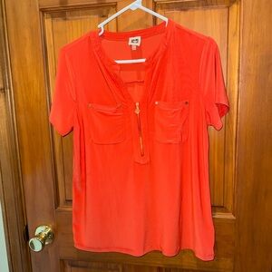 Anne Klein Vibrant Coral Short Sleeve Zip Front Blouse